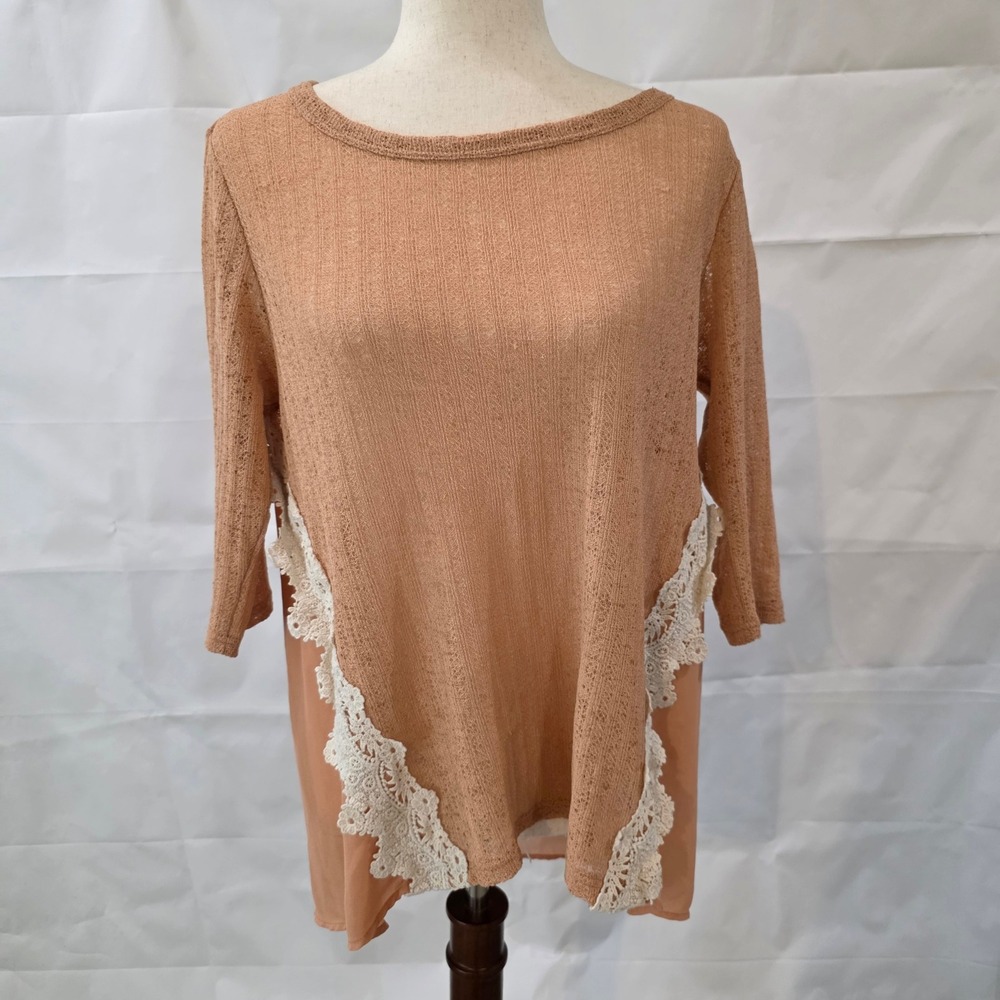 Umgee USA Apricot Lace Trim Mixed Media‎ Tunic Top 3/4 Sleeve Boho Womens Large